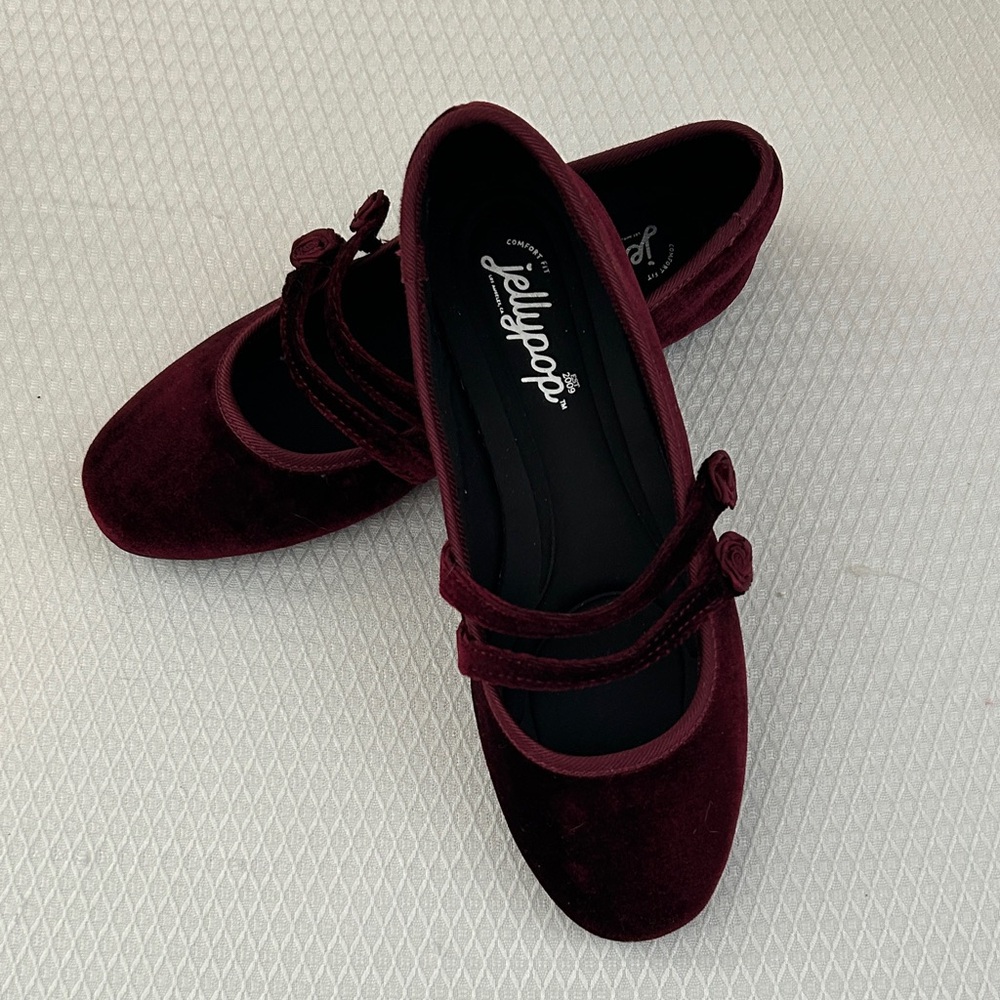 Jellypop Dark Red Velvet Double Strap Flats Size 8M